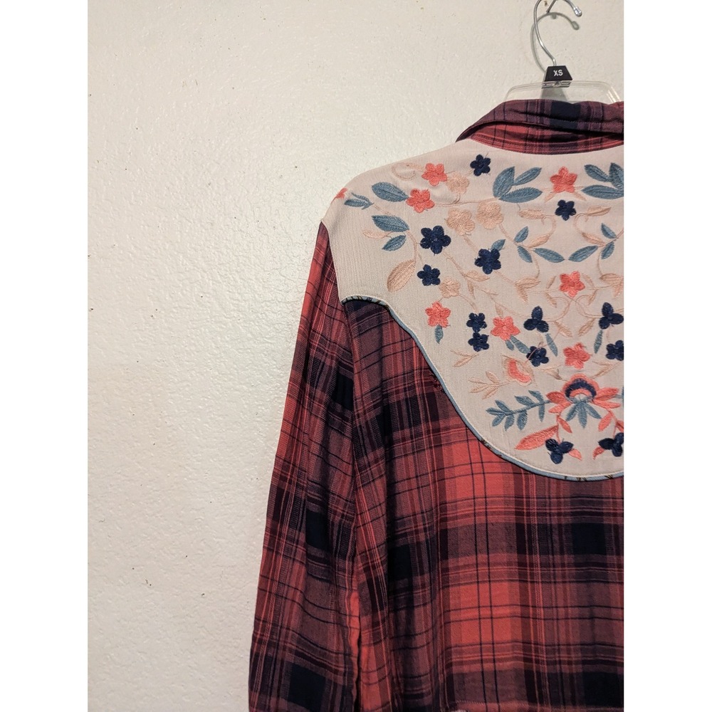 Womens John Mark Mixed Media Plaid Floral Embroidered Button Down Top Red Med - Picture 15 of 15